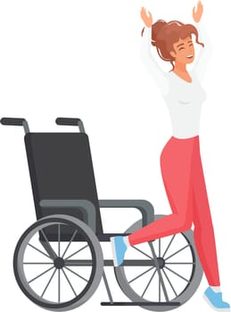 Happy woman say goodbuy to wheelchair. Medical rehabilitation of lady with limited mobility cartoon vector illustration