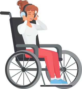 Woman in wheelchair with headphones. Lady with limited mobility listening to music cartoon vector illustration