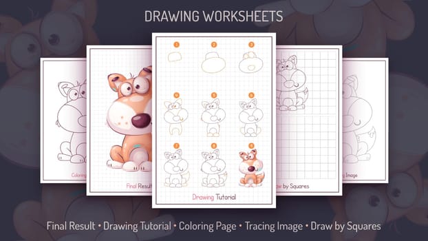How to Draw a Fox. Step by Step Drawing Tutorial. Draw Guide. Simple Instruction. Coloring Page. Worksheets for Kids and Adults. Vector eps 10.