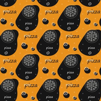 Seamless pattern with whole pepperoni pizza abstract spots black on orange background for wallpaper or furniture in cafe or pizzeria