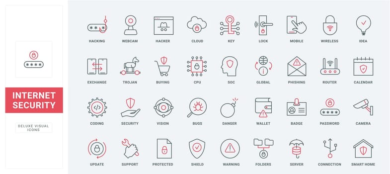 Internet security, data protection thin black and red line icons set vector illustration. Outline cybersecurity support symbols, shield from computer virus of hacker and fraud, phishing and bugs