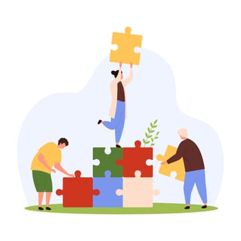 Support and solidarity in achievement of business goals, partnership vector illustration. Cartoon tiny woman holding piece of puzzle on top of jigsaw construction, people connect parts of building