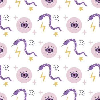 Magic seamless pattern with snakes. Background for witchcraft and magic. All-seeing eye, crystals, snakes, lightning. Print for textile, digital paper, packaging and design, vector illustration