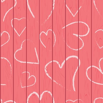 Seamless pattern with hearts. The pattern in the form of hearts on the fence is drawn in pencil. Hearts on the boards on a pink background. An illustration for Valentine s Day. Vector.
