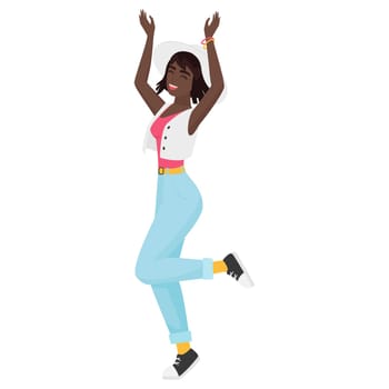 Excited hipster black girl. Jumping happy cool hipster girl cartoon vector illustration