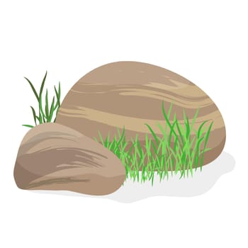 Gray stone with grass. Landscape design, boulders with plants, nature rocks cartoon vector illustration