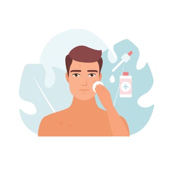 Man applying serum for puberty acne treatment, skincare hygiene vector illustration