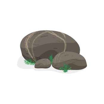 Stone with grass. Landscape design, boulders with plants, nature rocks cartoon vector illustration