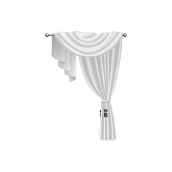 White curtains with 3D fabric drapery and braided cord with tassel decoration vector illustration