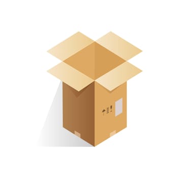 Isometric open empty cardboard box of rectangular shape with label vector illustration