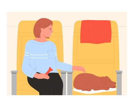 Passenger sitting near the pet. Travelling with dog on board cartoon vector illustration