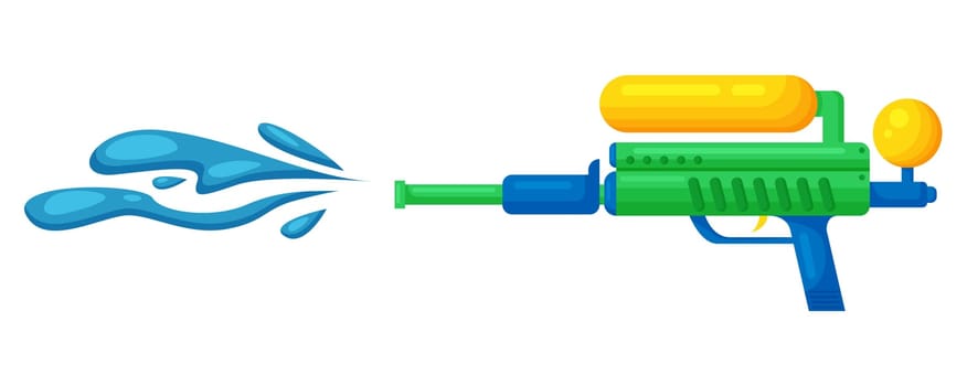 Water gun fight. Summer water weapon, pistol toy splash cartoon vector illustration