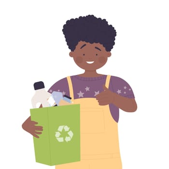 Little kid with recycling bag. Waste management, zero waste kids cartoon vector illustration