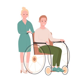 Woman sitting in wheelchair. Nurse helps to a woman with limited mobility cartoon vector illustration