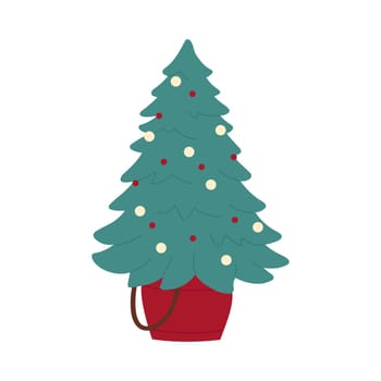 Christmas decorated potted tree. Cozy xmas home interior cartoon vector illustration