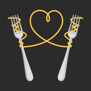 Forks with spaghetti and a heart of pasta on a dark background. Food logo, restaurant menu. Vector