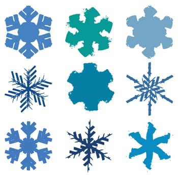 Grunge snowflakes isolated set. Brushed christmas design template. Distress painted star shape. Icon, badge, label, certificate background. Artistic design element. EPS10 vector.