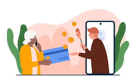 Stealing money from old woman, scam and fraud using mobile phone vector illustration. Cartoon scammer holding fake face to steal financial information of bank account, credit card from grandma