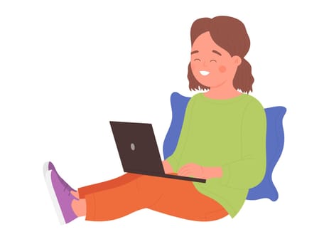 Kids using mobile phones, tablet and laptop for online games and study vector illustration. Cartoon happy friends sitting on couch in home interior background. Internet addiction problem concept