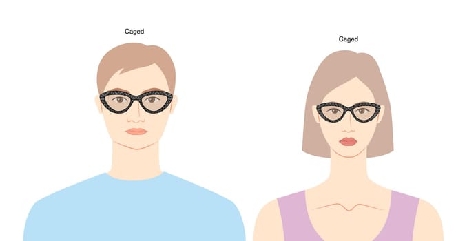 Caged frame glasses on women and men flat character fashion accessory illustration. Sunglass unisex silhouette style, rim spectacles eyeglasses with lens sketch outline isolated on white background