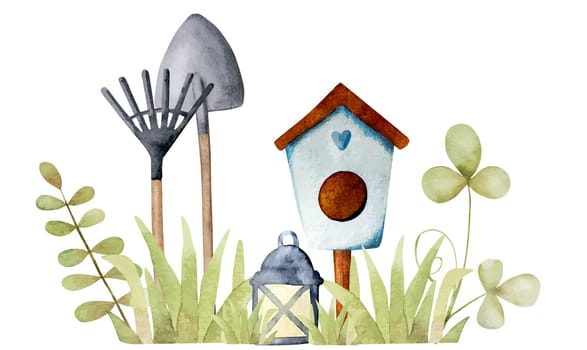 Cute bird house with garden shovel and chopper in green grass watercolor painting. Beautiful aquarelle spring drawing with birdhouse and harvest tools