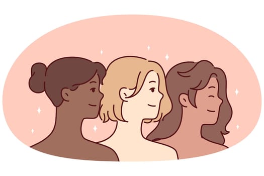 Diverse multiracial beautiful women with bare shoulders look one way and smile. Faces of multiethnic girls for concept of feminism or struggle for women freedom. Flat vector illustration