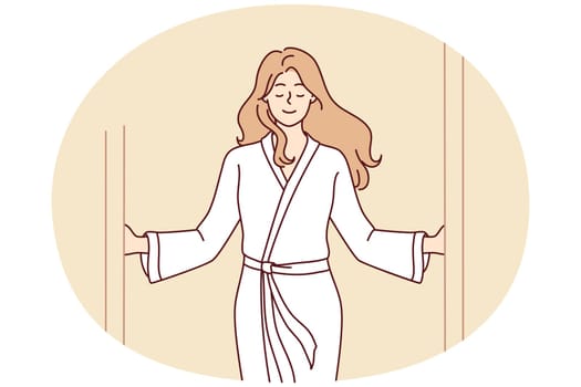 Woman in white coat comes out of shower with satisfied expression feels relieved and gratification. Girl in bathrobe while visiting SPA center looks forward to pleasant procedures. Flat vector image