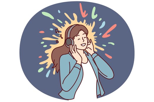 Positive woman meloman listening to music with headphones enjoying favorite pop or rock track. Joyful girl presses earphones to ears and smiles after hearing song from playlist. Flat vector image