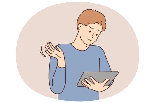 Confused young man look at tablet screen shocked with unexpected error. Frustrated guy unhappy with problem on pad gadget. Vector illustration.