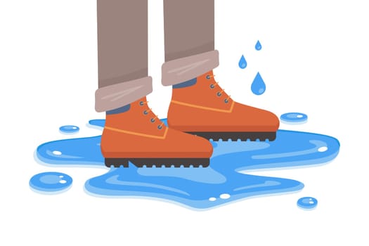 waterproof boots stand on a puddle. flat vector illustration.