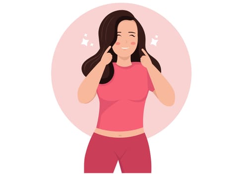 A happy woman raises her hand and pokes her cheek in a cute way. Vector illustration