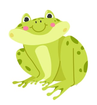 Water creature that breathes though its skin. Isolated frog character with smiling facial expression and rosy cheeks. Tailless amphibian, portrait of paddock with long legs. Vector in flat style