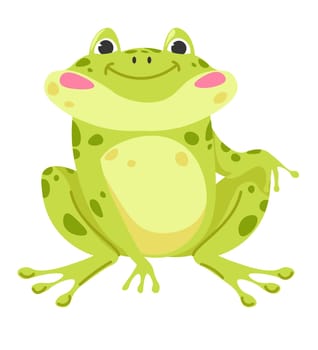 Calm anthropomorphic frog with smile. Aquatic animal, isolated amphibian, nature biodiversity. Toad with spots. Creature and zoology variety, characters living in water. Vector in flat style