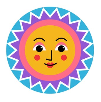 Dynamic sun character with smile on face and blush. Emoticon with positive expression, sunbeam and sunrays, cheerful comic personage. Funny character with smile, emoji or sticker. Vector in flat style