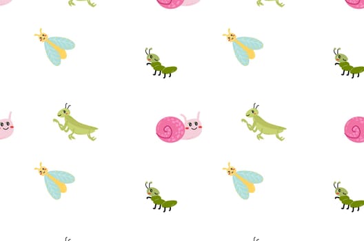 Seamless pattern with cute animals insects of spring. Grasshoper, snail, ant, fly. Minimalistic design.