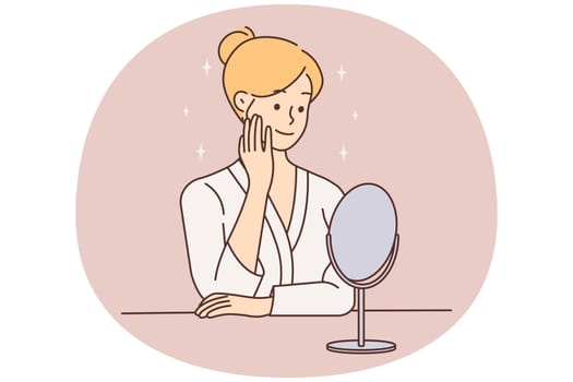 Young woman looking in mirror doing beauty skincare procedures. Female in homewear do daily skin procedures. Cosmetology concept. Vector illustration.