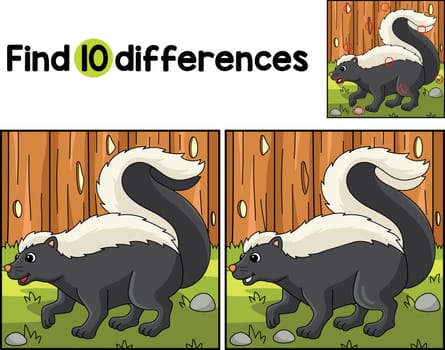 Find or spot the differences on this Skunk Animal Kids activity page. A funny and educational puzzle-matching game for children.