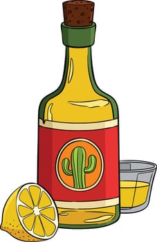 This cartoon clipart shows a Bottle of Tequila and a Lemon illustration.