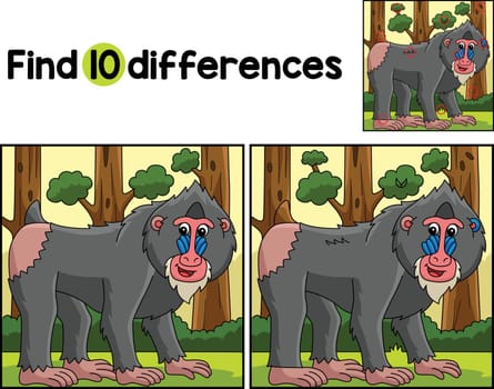 Find or spot the differences on this Mandrill Animal Kids activity page. A funny and educational puzzle-matching game for children.