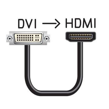 DVI to HDMI hardware interface cable. Device connector equipment. Computer socket data ports