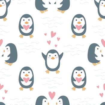 Penguins in love seamless pattern for Valentines day. Romantic cute characters background. Baby penguins for textile, packaging, design, hand drawn vector illustration