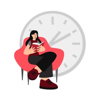 Girl is reading book and laughing sitting on sofa in library against background of clock isolated vector illustration