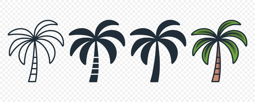 Vector Palm Trees, Palm Tree Icon Set Isolated. Design Template for Tropical, Vacation, Beach, Summer Concept. Vector Illustration. Front View.