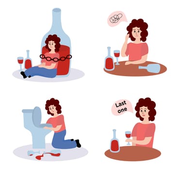 Alcohol abuse and addiction concept. Set of drunk woman with bottles of alcoholic drinks. Addicted drinker with unhealthy habit and alcoholism. Flat vector illustrations isolated on white background