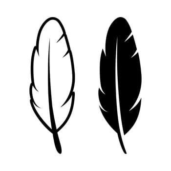 Vector Black and White Fluffy Feather Logo Icon, Silhouette Feather Set Closeup Isolated. Design Template of Flamingo, Angel, Bird Feather. Lightness, Freedom Concept.