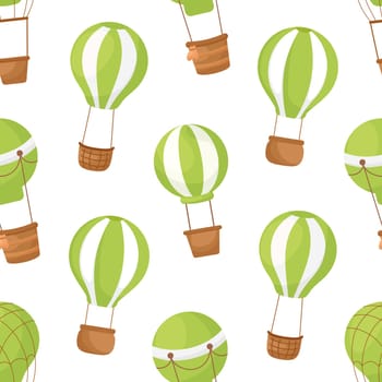 Cute children's seamless pattern with green hot air balloons. Creative kids texture for fabric, wrapping, textile, wallpaper, apparel. Vector illustration.