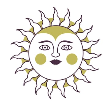 Vintage design of sun with rays and face. Mystic symbol of illumination, vitality and pursuit of higher consciousness. Bohemian illustration of luminous star. Occultism element. Vector in flat style