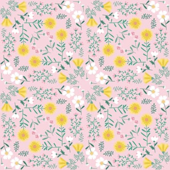 Floral Seamless Pattern of Flowers in Pink, White and Yellow, Square Symmetrical Design, for Textiles, Fabrics, Decoration, Papers Prints, Fashion Backgrounds, Wrapping, Packaging