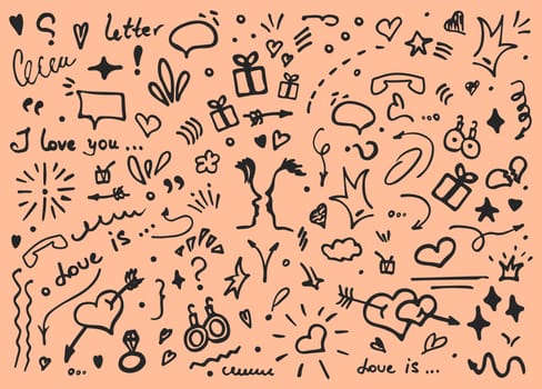 Doodle vector illustration - hand drawn sketchy love and hearts details. set of cute funny doodle vector illustration for decoration on peach fuzz background with lettering. elements objects and icons