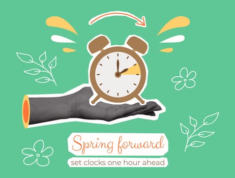 Retro Spring Forward halftone collage banner. Summertime design in y2k revival style with cut out paper hands and clock. Hand of alarm turning to Daylight Saving Time. DST starts in March.